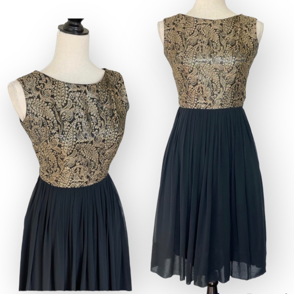Vintage Gold And Black Brocade And Chiffon Midi Cocktail Dress